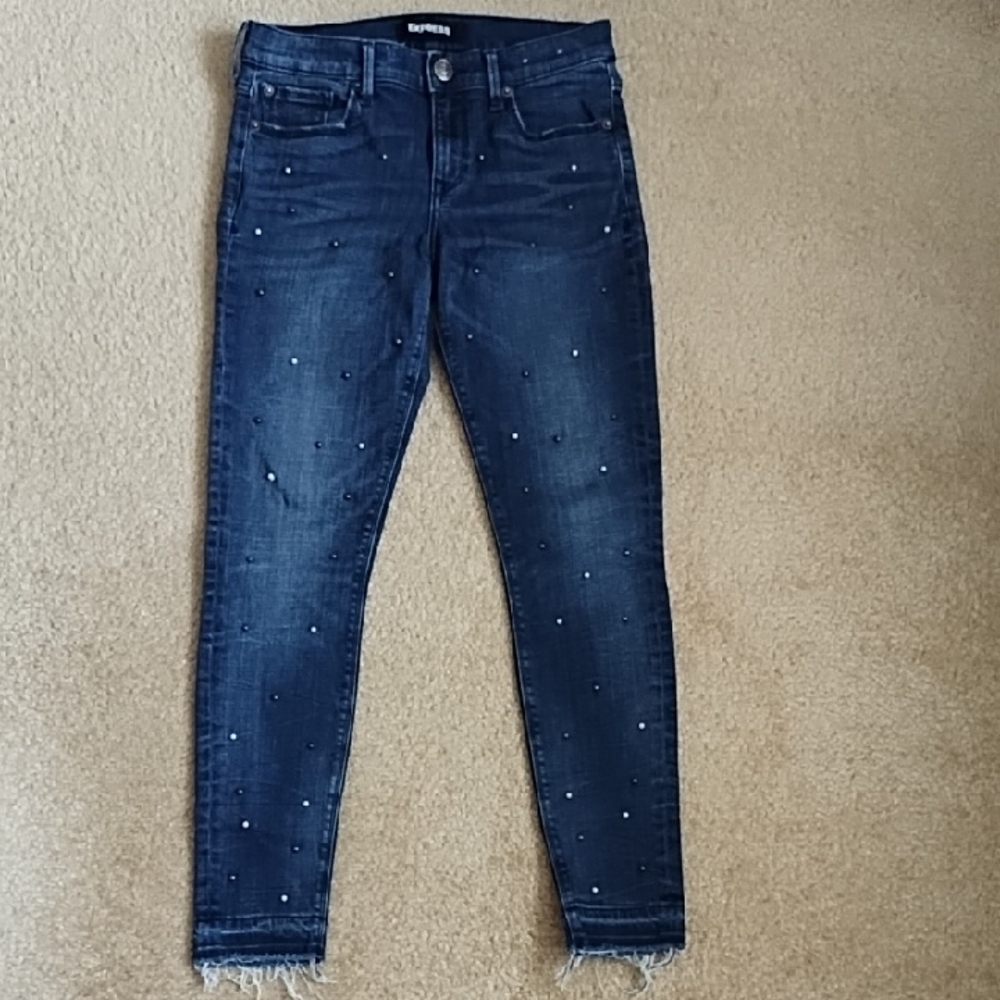 Express Pearl Embellished Ankle Leggings Jeans Mid Rise Dark Wash Stretch 2R